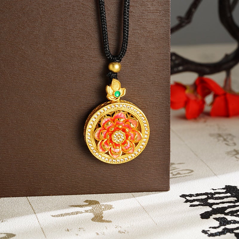 New Chinese Style Vietnamese Sand Gold Burned Blue Diamond Lotus Compasses Necklace Women'S All-Match High-End Hollow Pendant Rotatable - Image 3